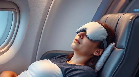exclusive airline suite, peaceful, passenger resting with an eye mask, photorealistic, ultra-modern design with personal space, highly detailed, gentle turbulence, noise-free, pastel color scheme, dimmable lights, shot with a macro lens.