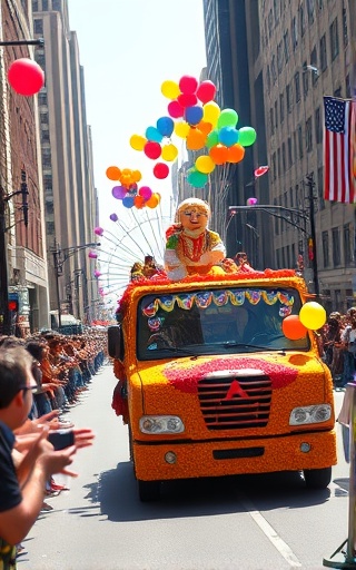 festive cultural festival, exuberant expression, parade float moving, photorealistic, through city streets lined with cheering crowds, highly detailed, balloons floating, crystal clarity, primary colors, afternoon sunlight, shot with a telephoto lens.
