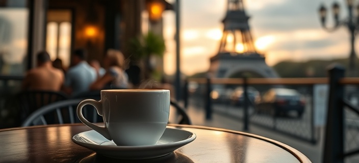thought-provoking travel review, introspective, contemplating experiences, photorealistic, cozy café near the Eiffel Tower, highly detailed, cup of steaming coffee, shallow focus, rich coffee hues, golden hour light, shot with a 35mm lens.