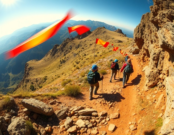 dynamic travel overview, exhilarating, capturing spontaneous moments, photorealistic, hikers on rugged mountain path, highly detailed, fluttering flags in foreground, motion blur, earthy tones, direct sunlight, shot with a fisheye lens.