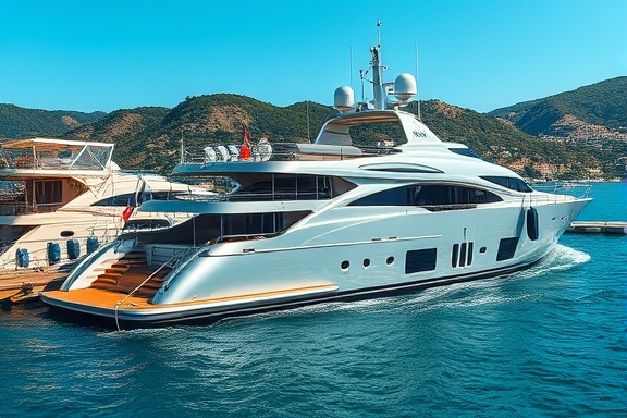 elegant luxury ship, serene, docked at harbor, photorealistic, surrounded by azure waters and picturesque hills, highly detailed, gentle waves lapping, Nikon AF-S 70-200mm lens, silver and mahogany, afternoon lighting, shot with a telephoto lens.
