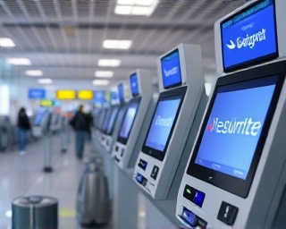 seamless travel services, efficient, streamlining processes, photorealistic, check-in kiosks at airport, highly detailed, touchscreen interface with airline logos, digital clarity, clean whites, LED spotlighting, shot with a compact sensor.