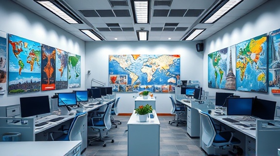reliable travel services, dedicated, managing bookings, photorealistic, neatly organized office with travel posters, highly detailed, agents at computers, crisp clarity, blues and greys, overhead LED lights, shot with a telephoto lens.