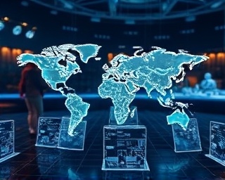 innovative travel overview, futuristic, envisioning new trends, photorealistic, digital map overlay in virtual reality setting, highly detailed, transparent holographic displays, precise resolution, luminescent hues, artificial lighting, shot with a cinematic lens.