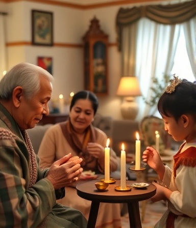 traditional cultural customs, respectful expression, elders and children participating, photorealistic, in a cozy living room decorated with heirlooms, highly detailed, candles flickering, bokeh effect, soft pastel colors, evening ambient lighting, shot with an 85mm portrait lens.