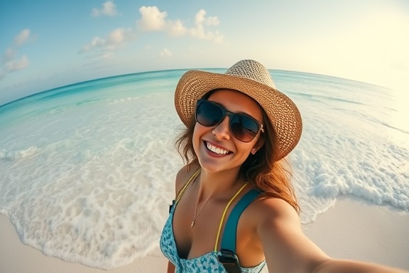 serene traveler, smiling, embarking on a journey, photorealistic, tropical island with white sandy beaches, highly detailed, gentle waves lapping against the shore, macro focus, azure teal, soft afternoon glow, shot with a fisheye lens
