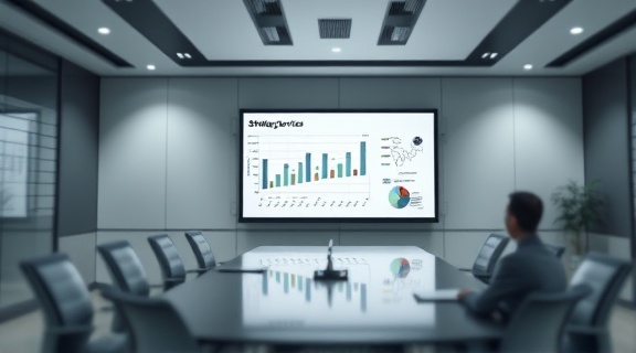 strategic services overview, analytical, highlighting strategic planning, photorealistic, boardroom with presentation screen, highly detailed, graphs and charts displayed, balanced exposure, monochrome palette, diffused lighting, shot with a tilt-shift lens.