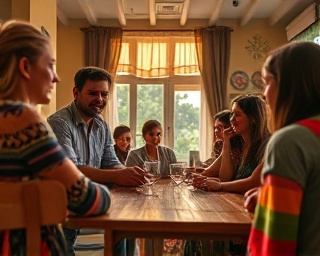 social services overview, community-focused, illustrating networking opportunities, photorealistic, group of travelers at hostel common room, highly detailed, shared anecdotes and laughter, lively composition, colorful fabrics, evening glow, shot with a portrait lens.