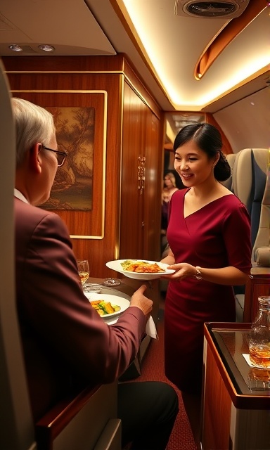 first-class airline suite, enchanted, a passenger being served an exquisite meal, photorealistic, sophisticated decor with wood accents and golden trim, highly detailed, stewardess smiling, perfect exposure, rich maroon and cream colors, spotlight illumination, shot with a 24mm lens.
