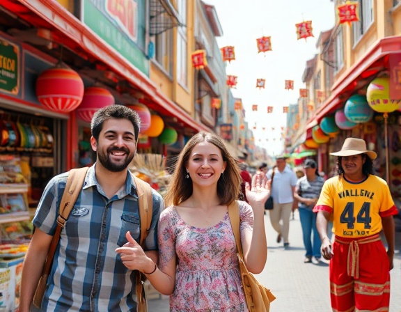 excited family, joyous, exploring a bustling marketplace, photorealistic, vibrant downtown area filled with colorful stalls and vendors, highly detailed, street performers entertaining, 8k resolution, kaleidoscope of colors, midday sun, shot with a zoom lens