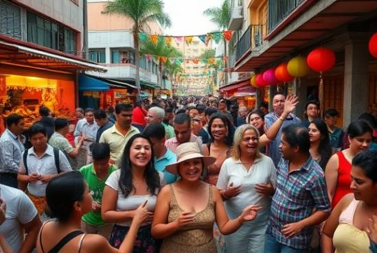 lively community gathering, joyful, participating in a cultural festival, photorealistic, in a bustling city street with colorful stalls and performers, highly detailed, people dancing and enjoying music, using a telephoto lens, vibrant colors, festival lighting, shot with a Canon EF 70-200mm f/2.8L IS III USM lens.