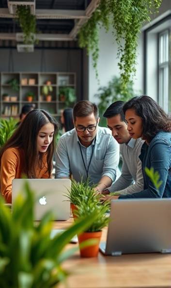 supportive network, determined, building a collaborative project, photorealistic, in a modern co-working space with green plants and laptops, highly detailed, individuals brainstorming, using a prime lens, neutral tones, overhead lighting, shot with a Nikon AF-S NIKKOR 35mm f/1.8G ED lens.
