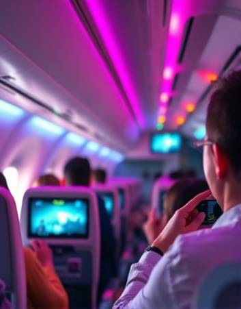 high-end in-flight entertainment system, entertained, passengers using touch screens, photorealistic, ergonomic setup with high-resolution displays, highly detailed, fluctuating light reflections, max depth of field, full-spectrum colors, LED cabin lights, shot with a 100mm lens.