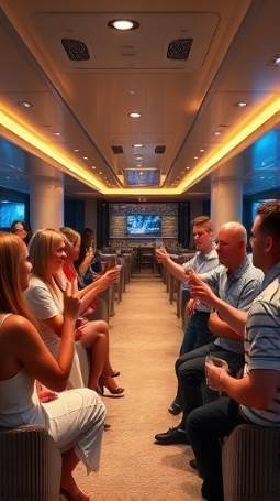 deluxe on-board lounge, socializing, a group chatting animatedly, photorealistic, spacious area with modern decor and ambient lighting, highly detailed, glasses being raised, wide dynamic range, soft neutrals with accent lighting, ambient LED strips, shot with a 24-70mm lens.