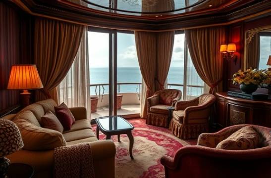 opulent luxury cabin, plush, immersed in comfort, photorealistic, surrounded by opulent decor with an ocean view, highly detailed, gentle sway of silk curtains, Sony FE 35mm lens, rich burgundy and golden hues, soft ambient lighting, shot with a prime lens.