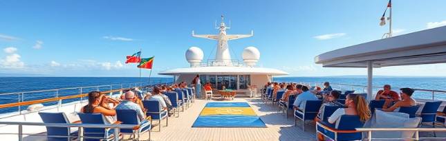 spacious luxury deck, vibrant, filled with guests relaxing, photorealistic, against the backdrop of open sea and clear skies, highly detailed, flags flapping in the breeze, Olympus M.Zuiko 75mm lens, bright white and navy blue, midday sun lighting, shot with a medium telephoto lens.