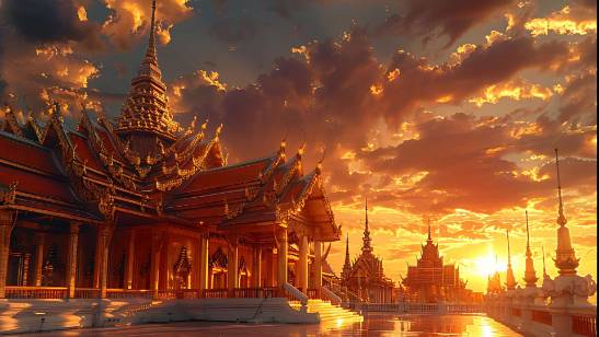 historic cultural heritage, in front of ancient temples at sunset, shot with a wide-angle lens.