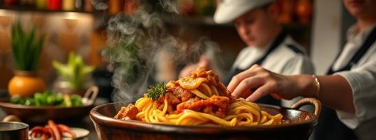 mouth-watering cultural cuisine, appetizing expression, chef preparing dish, photorealistic, in a rustic kitchen with vibrant spices and ingredients, highly detailed, steam rising, macro focus, warm hues, soft indoor lighting, shot with a 105mm macro lens.