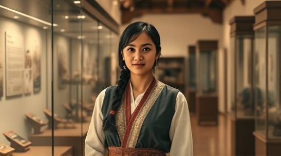 celebrating cultural heritage, nostalgic expression, young woman in traditional attire, photorealistic, standing in a heritage museum with historical exhibits, highly detailed, reflections on glass, high resolution, sepia tones, soft spotlighting, shot with a 35mm lens.