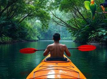 curious solo adventurer, intrigued, kayaking through a serene river, photorealistic, lush rainforest canopy overhead and exotic birds perched on branches, highly detailed, ripples forming in clear water, 6k resolution, emerald and sapphire tones, diffused sunlight, shot with a telephoto lens