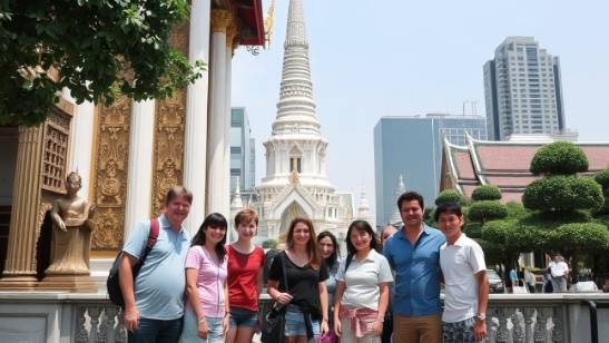 Group of 15 Americans touring Bangkok, Thailand, experiencing local culture.