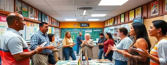 chaotic tourist office, relieved family, receiving guidance, photorealistic, colorful brochures and maps scattered, highly detailed, people gesturing animatedly, vibrant colors, fluorescent overhead lighting, shot with a zoom lens.