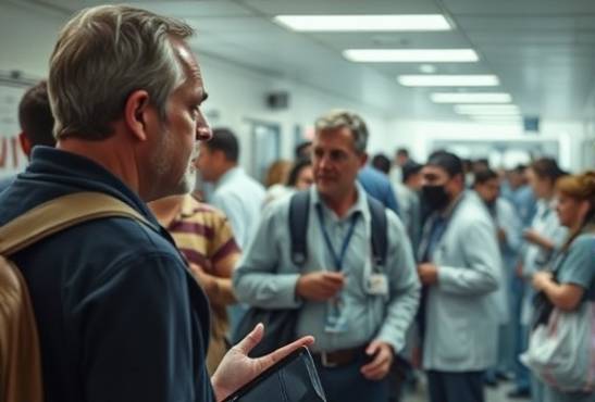 crowded emergency room, concerned traveler, explaining symptoms, photorealistic, medical equipment and staff bustling around, highly detailed, subtle motion blur of busy personnel, neutral colors, stark white lighting, shot with a macro lens.
