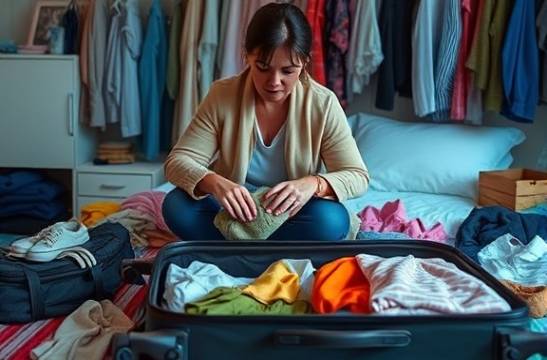 last-minute packing, flustered individual, cramming items into suitcase, photorealistic, cluttered bedroom with opened luggage and clothes strewn, highly detailed, movement of hands, bright colors, soft ambient lighting, shot with a standard lens.
