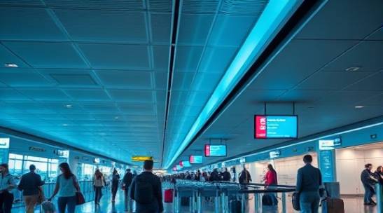 modern travel services, confident, organizing itineraries, photorealistic, sleek airport terminal, highly detailed, bustling passengers with luggage, finely tuned contrast, cool blue tones, fluorescent overhead lights, shot with a standard zoom lens.