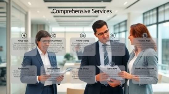 comprehensive services overview, informative, illustrating diverse offerings, photorealistic, corporate office space with brochures, highly detailed, colleagues in discussion, clean lines, neutral tones, ambient office lighting, shot with a macro lens.