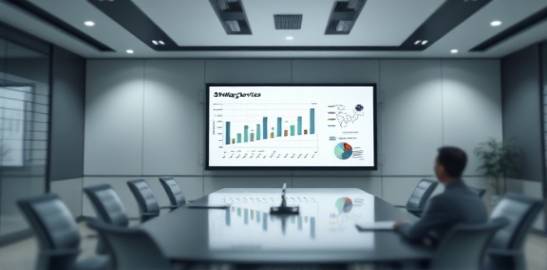 strategic services overview, analytical, highlighting strategic planning, photorealistic, boardroom with presentation screen, highly detailed, graphs and charts displayed, balanced exposure, monochrome palette, diffused lighting, shot with a tilt-shift lens.
