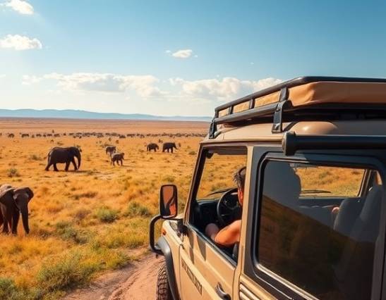 adventurous travel guide, spirited, leading thrill seekers, photorealistic, safari jeep in African savanna, highly detailed, distant herd of elephants, panoramic vista, warm earthy tones, bright midday light, shot with a super-telephoto lens.